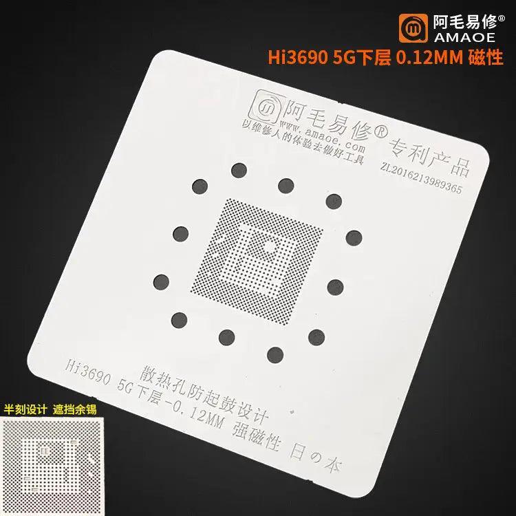 Amaoe BGA Reballing Stencil for HI6250 and HI3690 CPU 5G, used for reballing mobile device chips, by PHONEFIX.