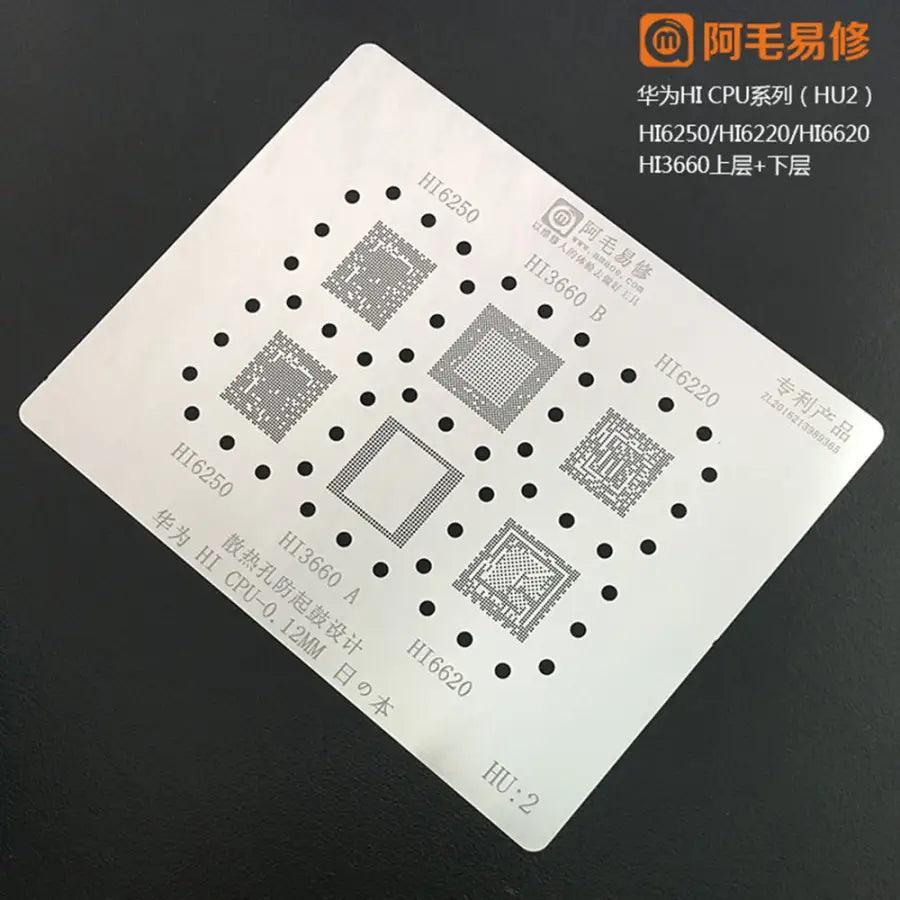 Amaoe BGA Reballing Stencil for Huawei CPU HU:1-4, used for precise reballing and repair of Huawei mobile device chips.