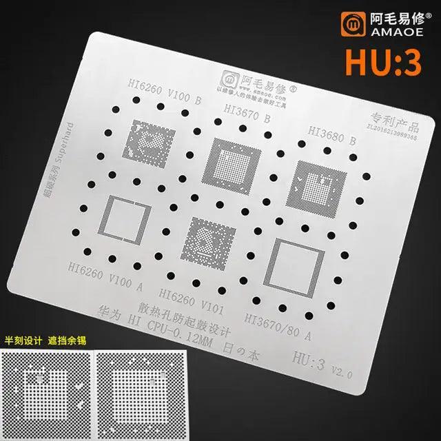 Amaoe BGA Reballing Stencil for Huawei CPU HU:1-4; PHONEFIX brand, used for precise reballing and repair of Huawei mobile processors.