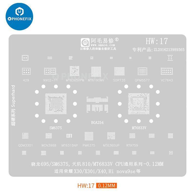 Amaoe BGA reballing stencil for Huawei CPU, RAM, and WiFi ICs, used for reballing Huawei HW1-HW16 models by PHONEFIX.