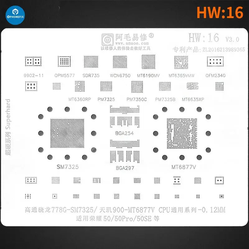 Amaoe BGA Reballing Stencil for Huawei CPU, RAM, WiFi ICs, HW1-HW19, by PHONEFIX, showing a detailed metal stencil for reballing.