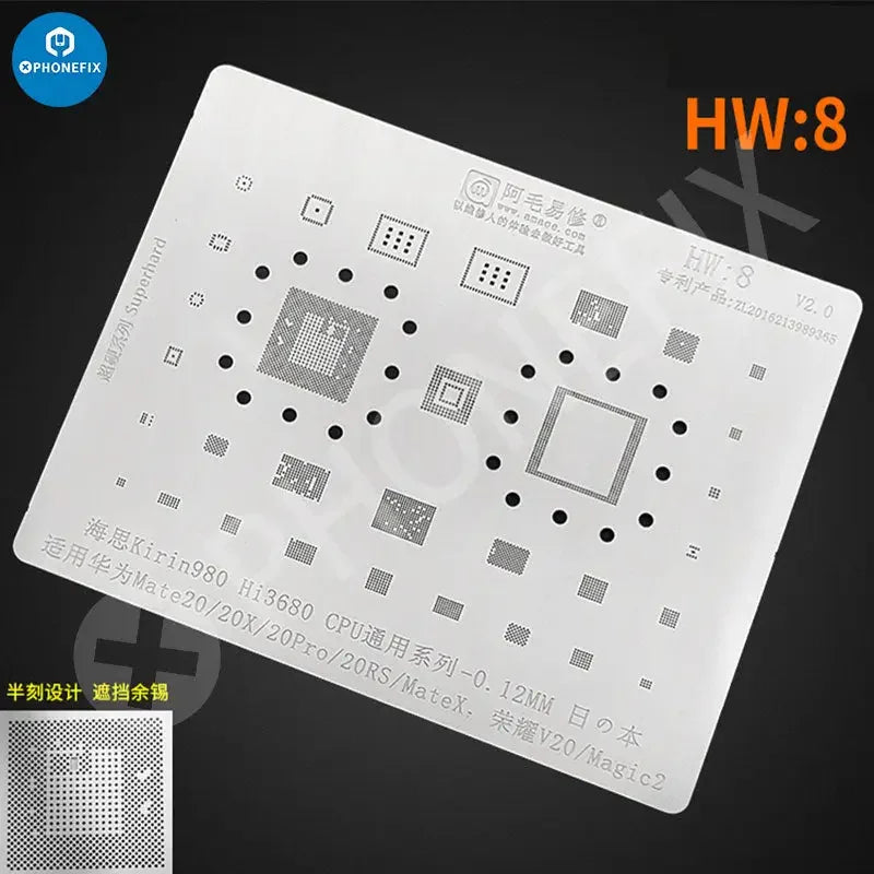 Amaoe BGA Reballing Stencil for Huawei CPU, RAM, WiFi ICs, HW1-HW19, by PHONEFIX, showing metal stencil with detailed cutouts