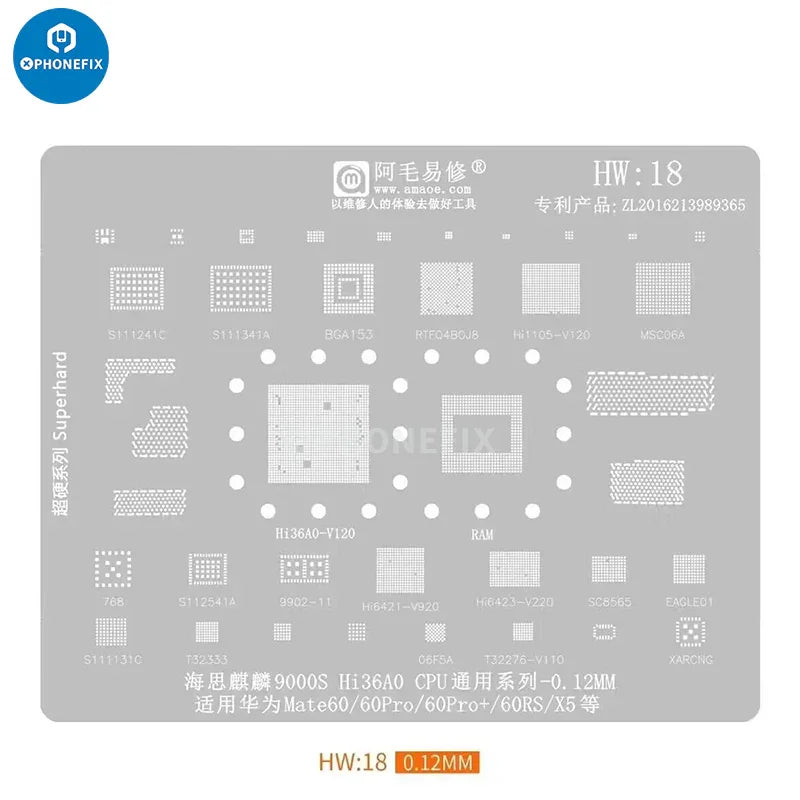 Amaoe BGA reballing stencil for Huawei CPU, RAM, WiFi ICs, HW1-HW19, used for precise reballing repair.