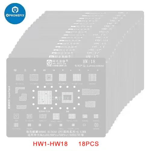 Amaoe BGA reballing stencil for Huawei CPU, RAM, WiFi IC from PHONEFIX, showing the detailed metal stencil layout.