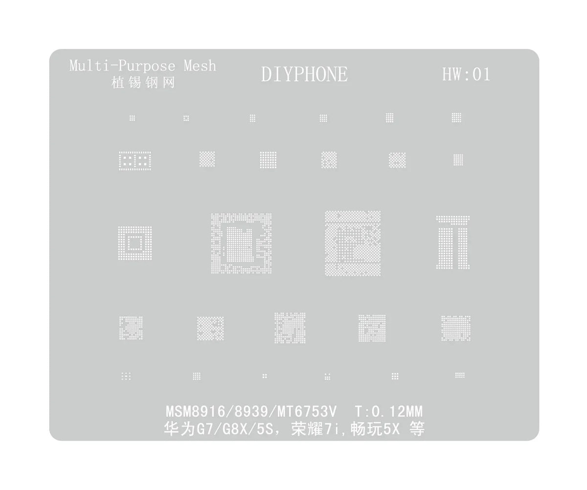 Amaoe BGA reballing stencil for Huawei CPU, RAM, WiFi IC from PHONEFIX, showing detailed metal stencil with cutouts for reballing.
