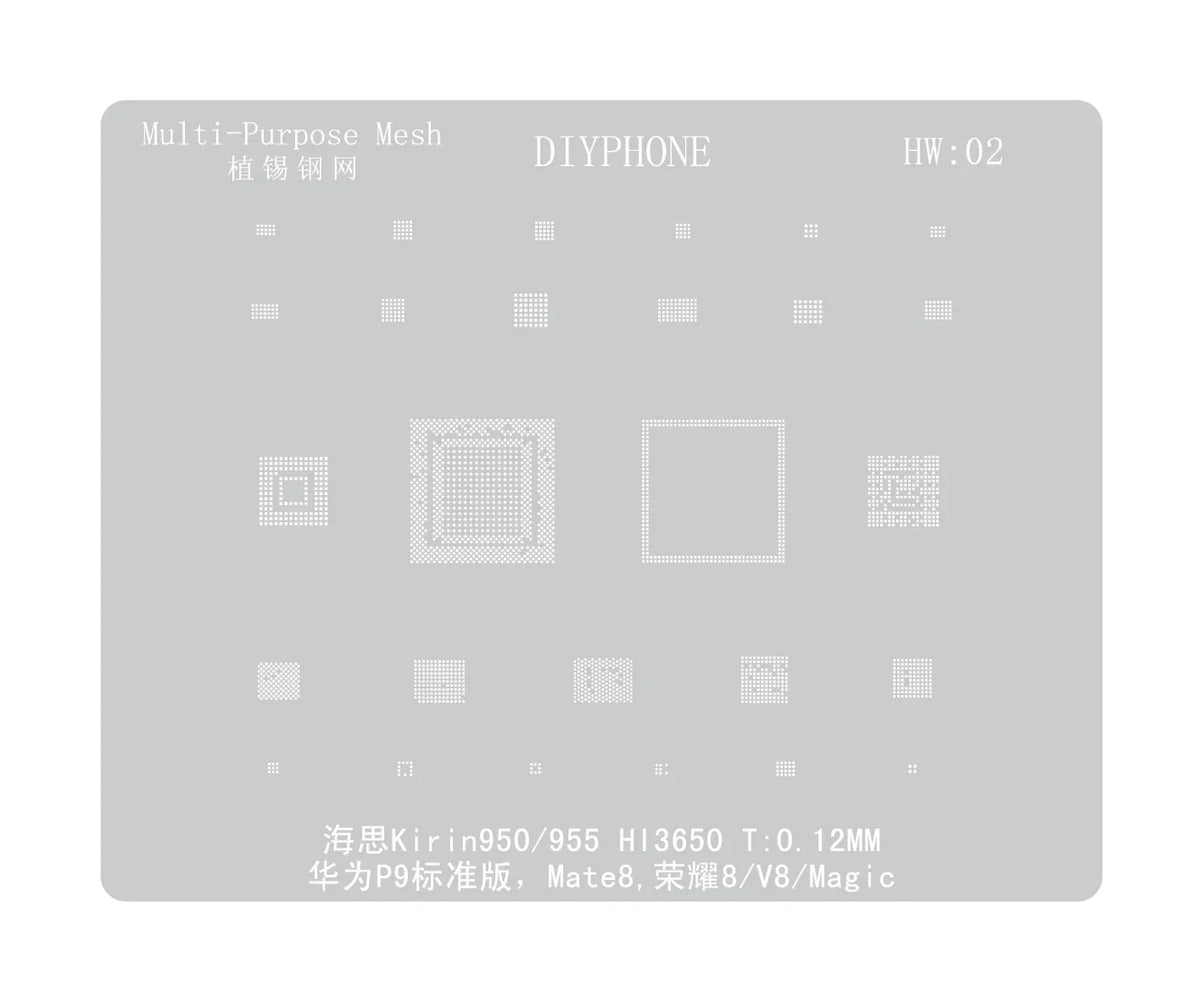 PHONEFIX Amaoe BGA reballing stencil for Huawei CPU, RAM, WIFI IC, HW1-HW19, used for precise reballing repairs.