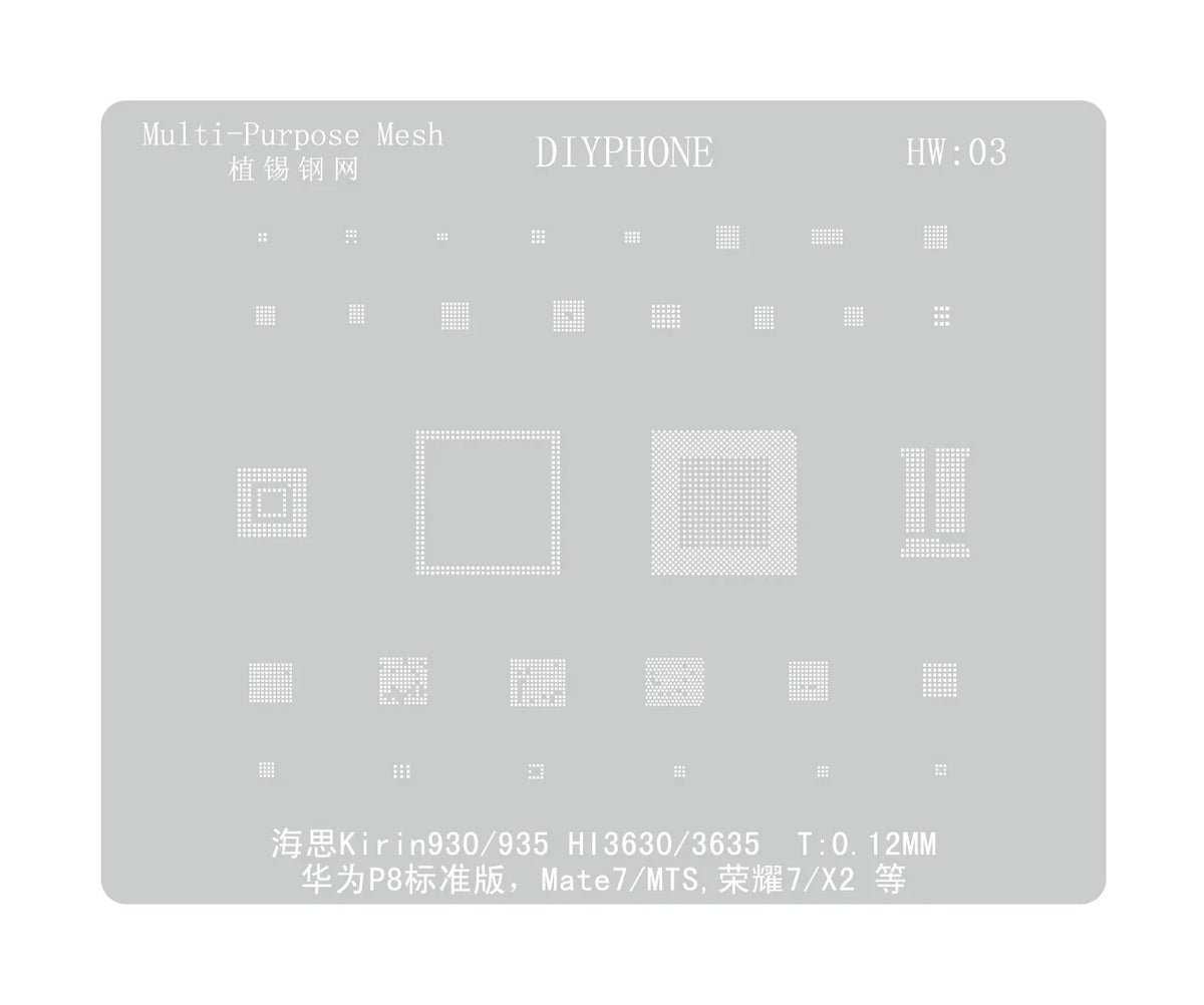 Amaoe BGA reballing stencil for Huawei CPU, RAM, WiFi IC, used for reballing repair, by PHONEFIX.