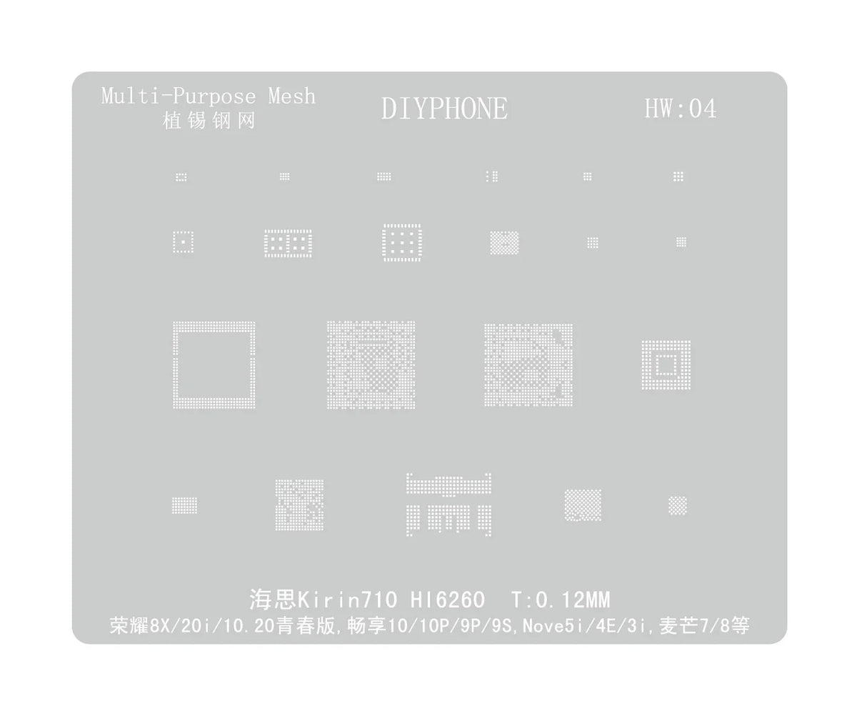 Amaoe BGA reballing stencil for Huawei CPU, RAM, and WiFi ICs by PHONEFIX, showing a detailed metal template for reballing repair.