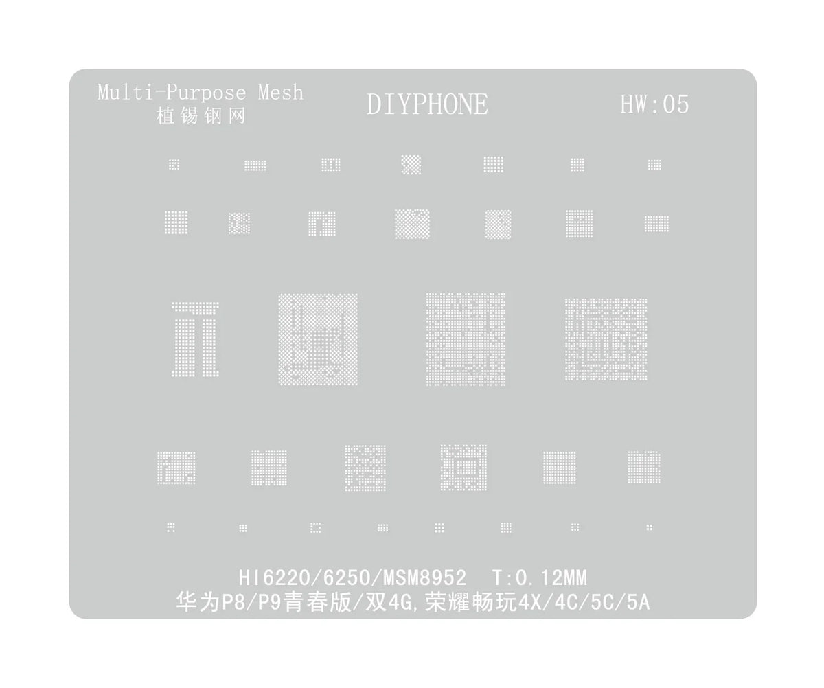 A PHONEFIX Amaoe BGA reballing stencil for Huawei CPU, RAM, and WiFi ICs, with detailed metal mesh patterns for precise reballing.