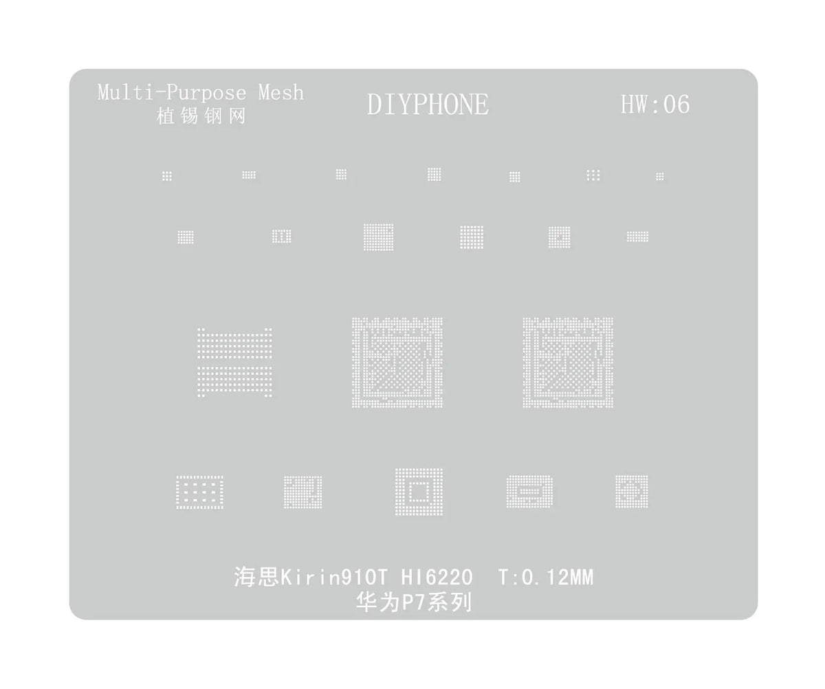 PhoneFix Amaoe BGA Reballing Stencil for Huawei CPU, RAM, and WiFi ICs, used for precise reballing repairs on Huawei devices.