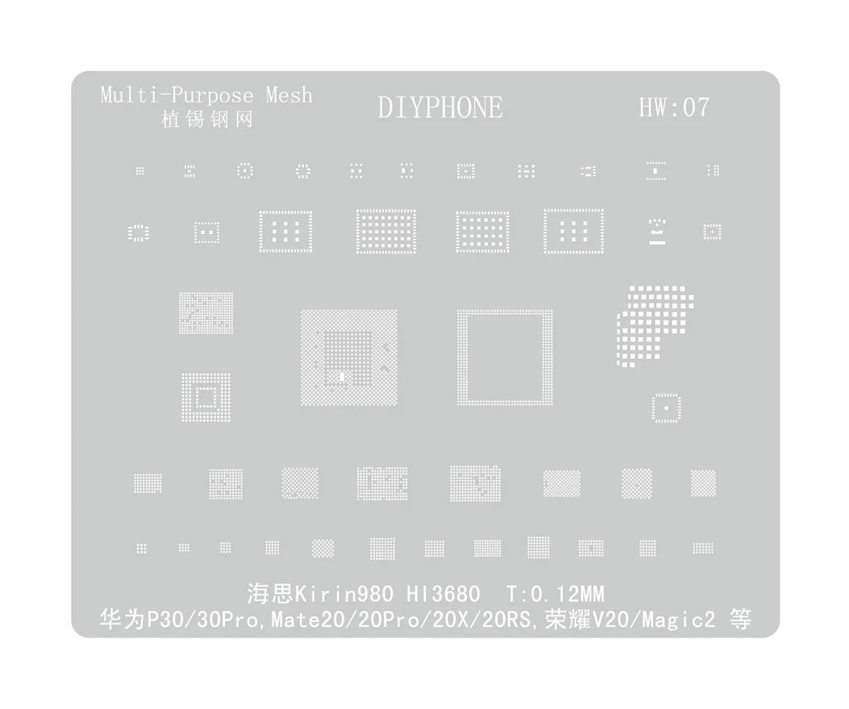 Amaoe BGA reballing stencil for Huawei CPU, RAM, WiFi IC, by PHONEFIX, showing a detailed metal stencil for BGA reballing processes.