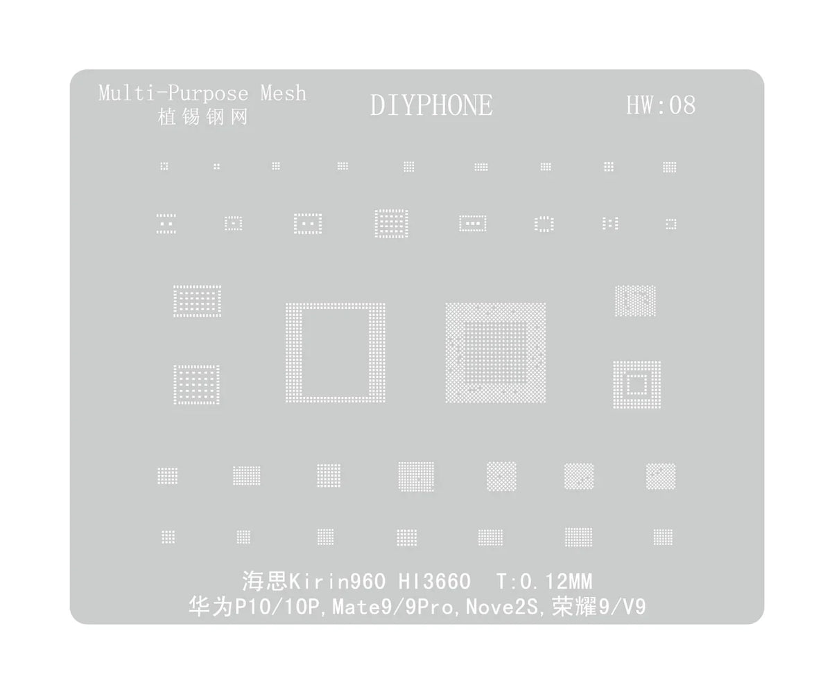 Amaoe BGA reballing stencil for Huawei CPU, RAM, and WiFi IC from PHONEFIX, shown on a clean white background.