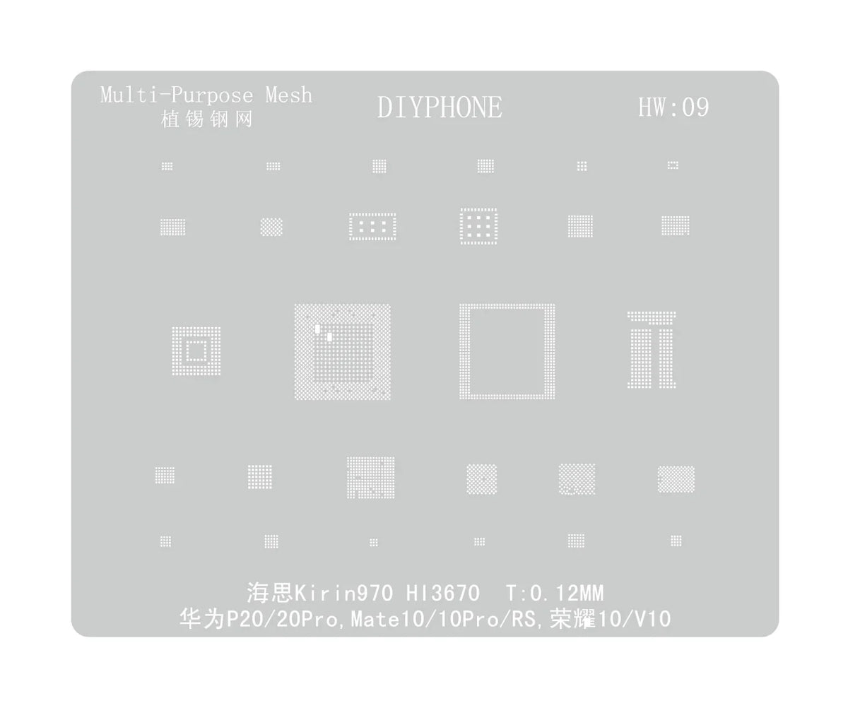 PHONEFIX Amaoe BGA reballing stencil for Huawei CPU, RAM, WiFi IC repair, with precise openings for reballing processes.
