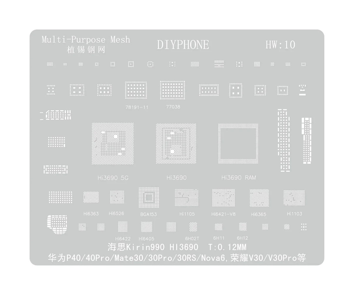 Amaoe BGA reballing stencil for Huawei CPU, RAM, WIFI IC, compatible with HW1-HW19, used for precision reballing repair.