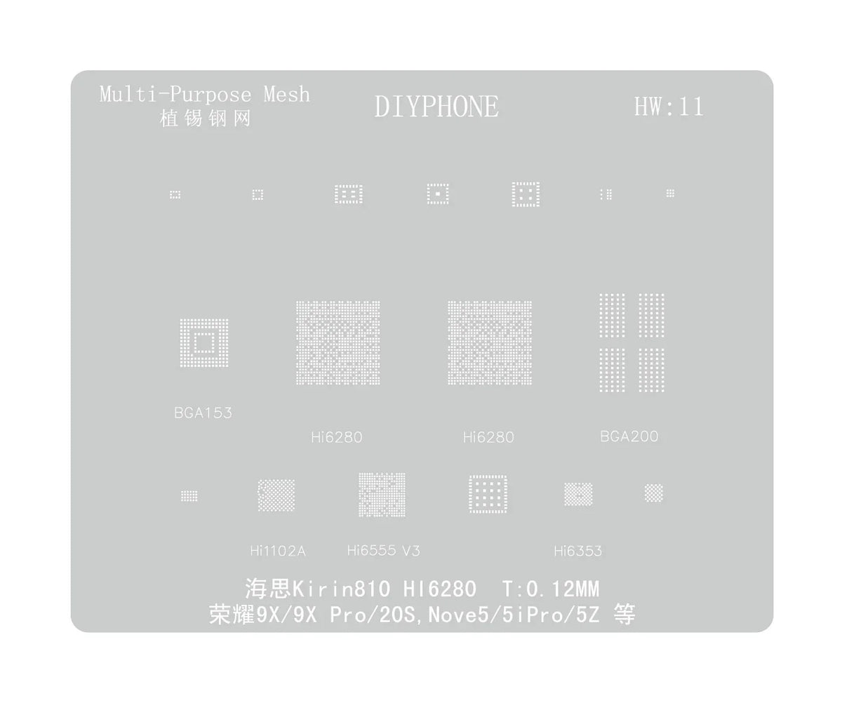 Amaoe BGA reballing stencil for Huawei CPU, RAM, WiFi IC rework, compatible with HW1-HW19, by PHONEFIX.