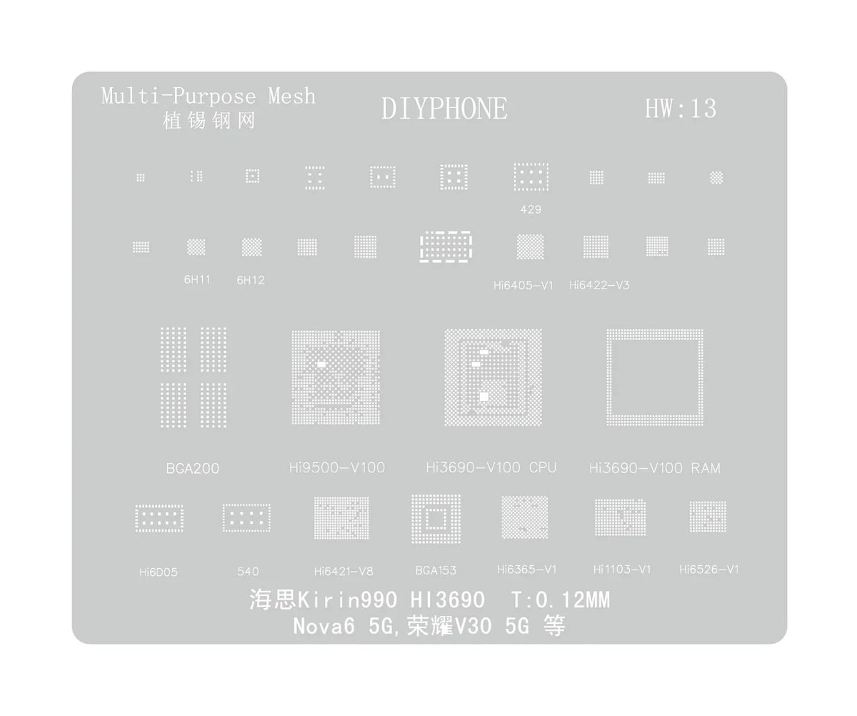 PHONEFIX Amaoe BGA reballing stencil for Huawei CPU, RAM, WiFi IC, HW1-HW19, used for precise reballing repairs.