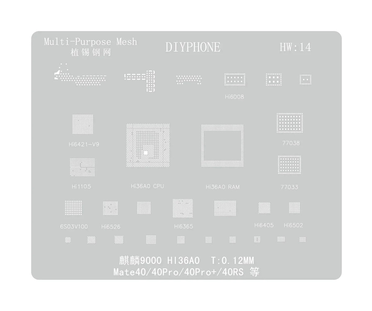 Amaoe BGA reballing stencil for Huawei CPU, RAM, WiFi IC, used for precise reballing repairs, by PHONEFIX.