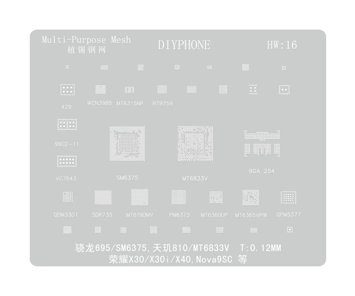 Amaoe BGA reballing stencil for Huawei CPU, RAM, WiFi IC repair by PHONEFIX, showing the detailed stencil layout for reballing.