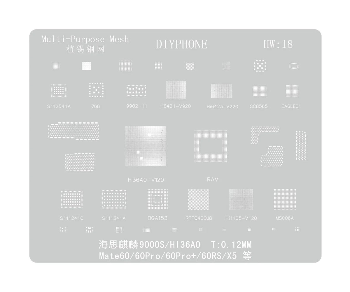 Phonefix Amaoe BGA reballing stencil for Huawei CPUs, RAM, WiFi IC, HW1-HW19, used for precise reballing repairs.
