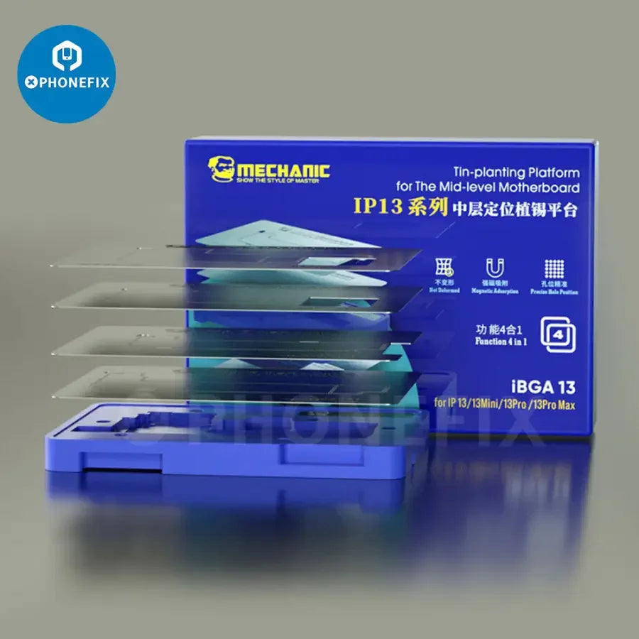 BGA reballing stencil platform for iPhone 13 Pro Max and Mini by PHONEFIX, used for repairing and reballing iPhone circuit boards.