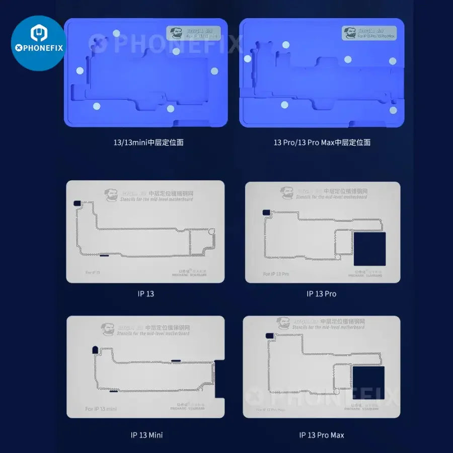 PHONEFIX MECHANIC iBGA 13 Reballing Stencil Platform for iPhone 13 Pro Max and Mini BGA repair tool on black background.