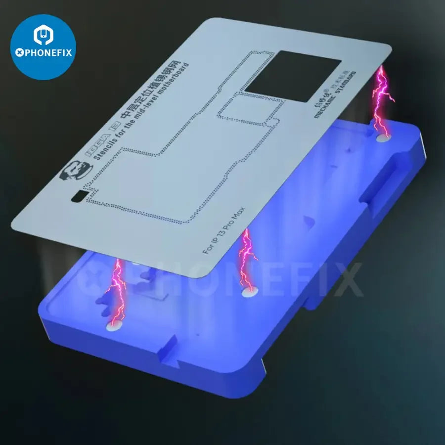 MECHANIC iBGA 13 Reballing Stencil Platform for iPhone 13 Pro Max Mini, used for BGA reballing and repair.