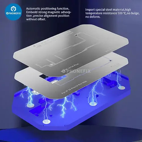 PhoneFix BGA reballing stencil for iPhone 14 Pro Max middle layer tin-planting platform, used for iPhone repair and reballing processes.
