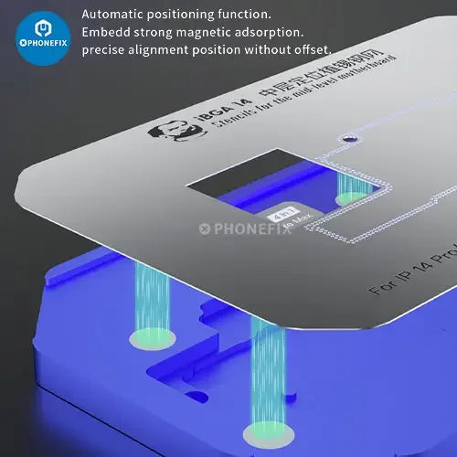 PHONEFIX BGA reballing stencil for iPhone 14 Pro Max, middle layer tin-planting platform for iBGA repair and reballing.