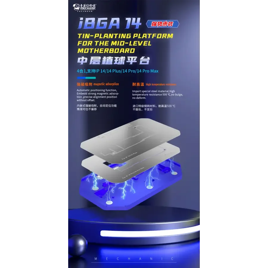 PhoneFix BGA reballing stencil for iPhone 14 Pro Max, middle layer tin-planting platform for iBGA repair and reballing.