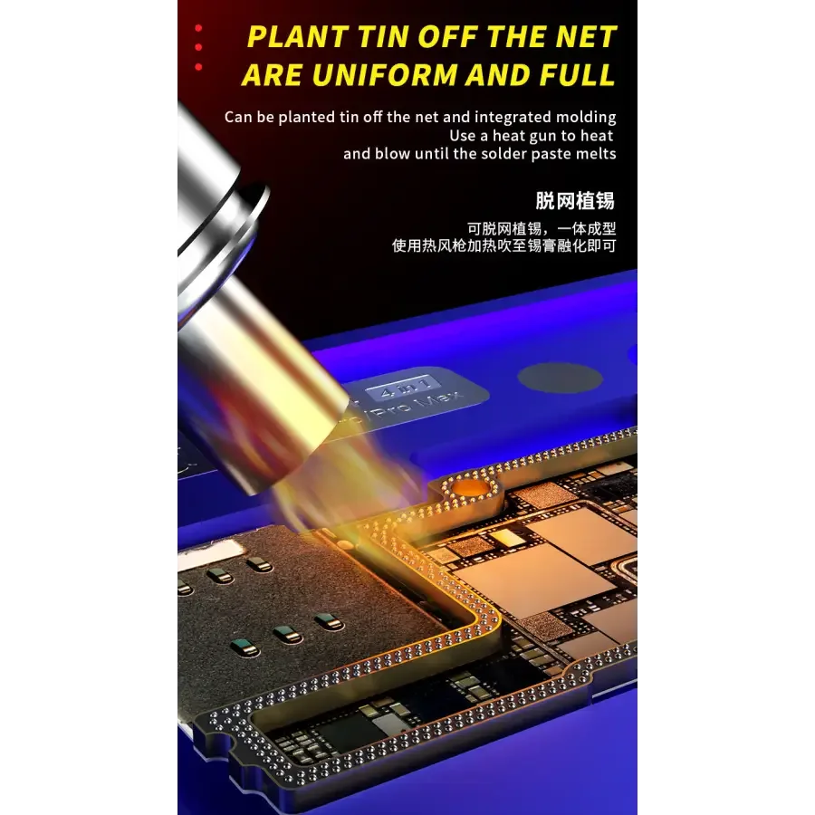 PHONEFIX BGA reballing stencil for iPhone 14 Pro Max, mechanic iBGA middle layer tin-planting platform, 4-in-1 design.