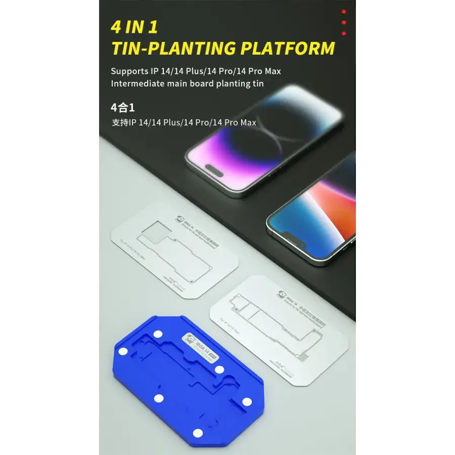 PhoneFix BGA reballing stencil for iPhone 14 Pro Max, middle layer tin-planting platform, used for iPhone 14 Pro Max repair.
