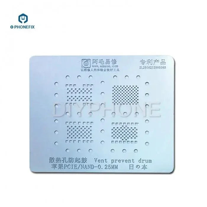AMAOE BGA reballing stencil for iPhone 4, 11 Pro NAND and PCIe, made of steel, used for HDD positioning and reballing repair.