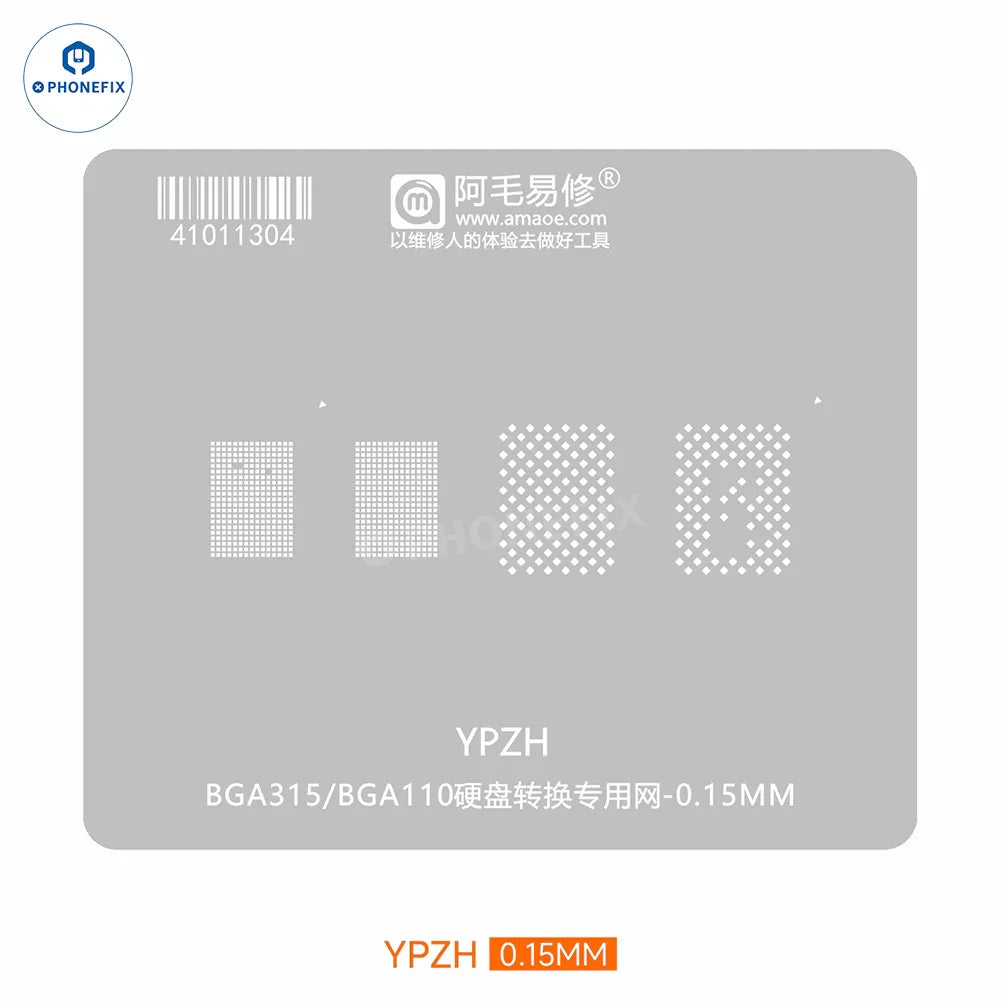 PHONEFIX AMAOE BGA Reballing Stencil with steel mesh for IP NAND Flash HDD positioning, used for precise reballing repairs