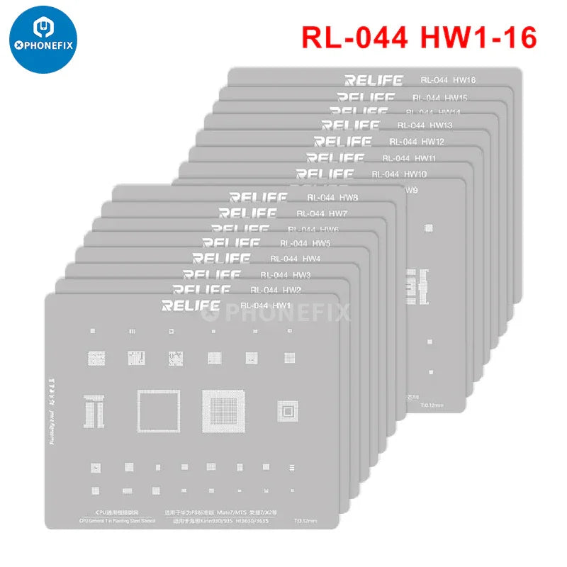 PHONEFIX RL-044 BGA stencil for iPhone, Huawei, Samsung, Xiaomi Android CPUs, used for reballing and repair.