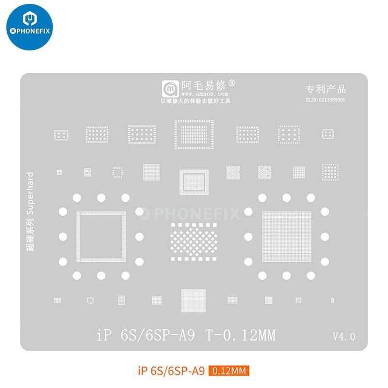 Amaoe BGA Reballing Stencil Kit for iPhone PCB Board by PHONEFIX, used for CPU IC reballing and repair.