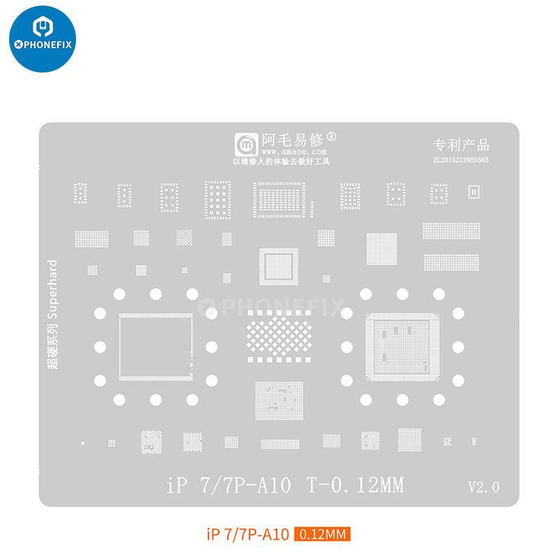 Amaoe BGA reballing stencil kit for iPhone CPU IC, used for precise reballing on PCB boards, by PHONEFIX.