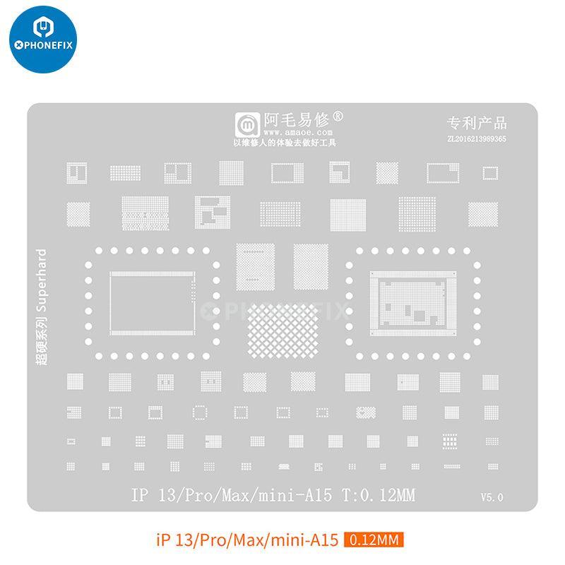 Amaoe BGA reballing stencil kit for iPhone CPU IC repair, compatible with PCB boards, by PHONEFIX.