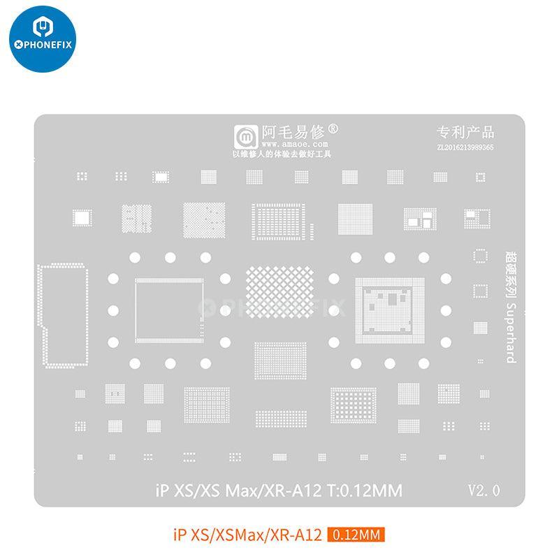 Amaoe CPU IC BGA reballing stencil kit for iPhone PCB boards, used for precise reballing and repair of mobile device components.