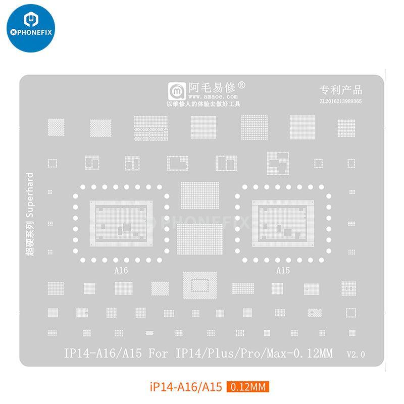 Amaoe BGA Reballing Stencil Kit for iPhone CPU IC repair, used on PCB boards, by PHONEFIX, with precision metal stencil sheets.