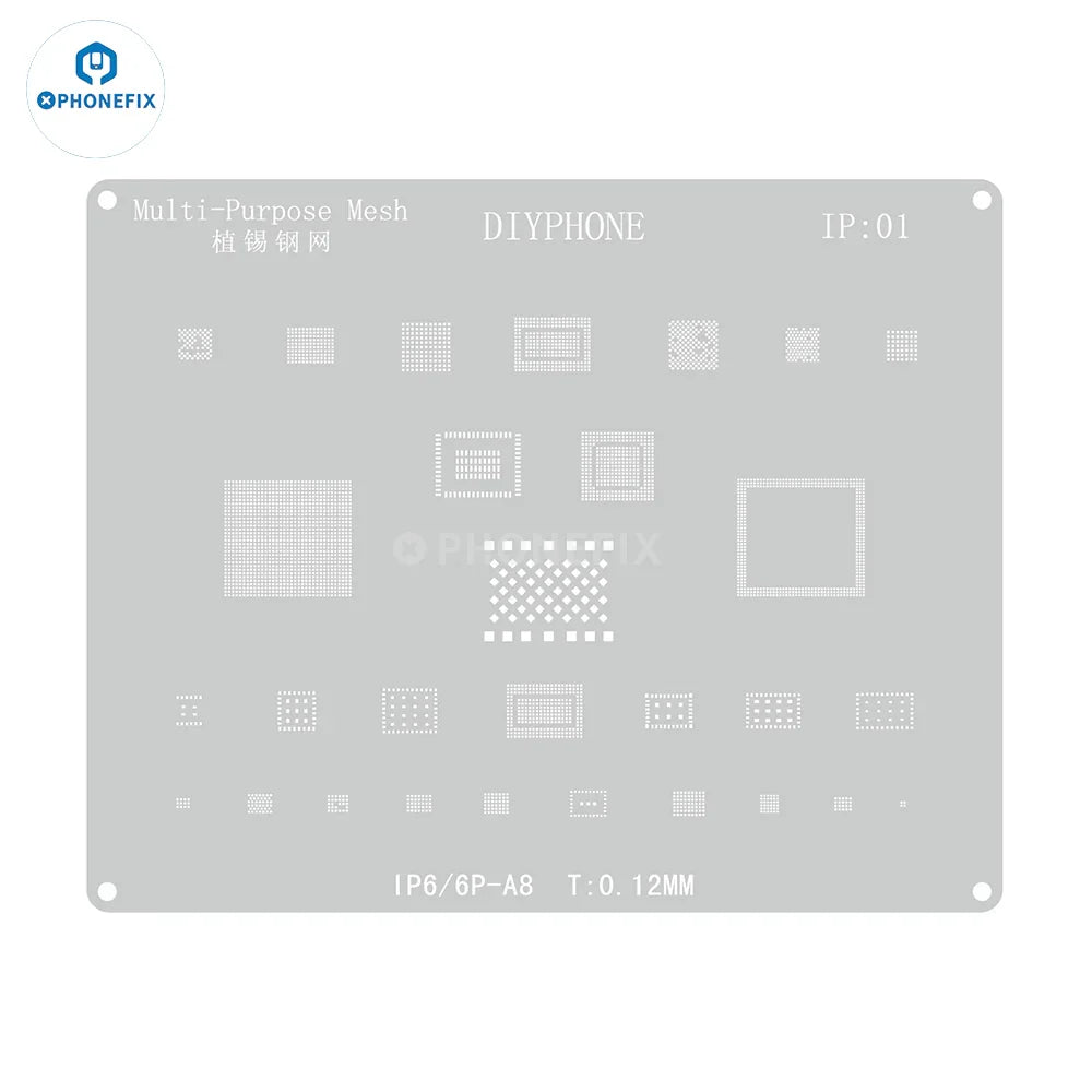 Amaoe BGA Reballing Stencil kit for iPhone CPU IC repair, featuring PHONEFIX brand stencil with precise cutouts for PCB boards