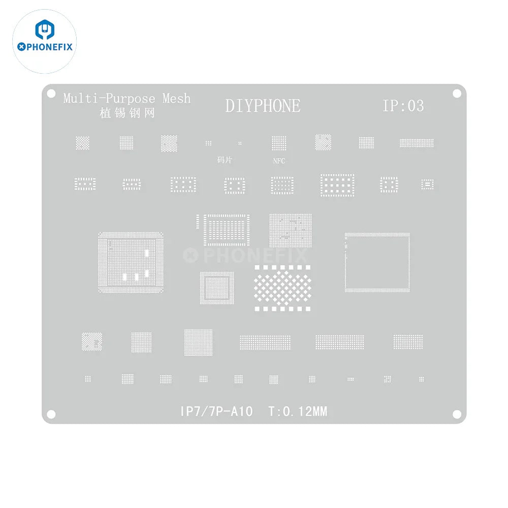Amaoe BGA reballing stencil kit for iPhone CPU IC repair, used for precise reballing on PCB boards, by PHONEFIX.
