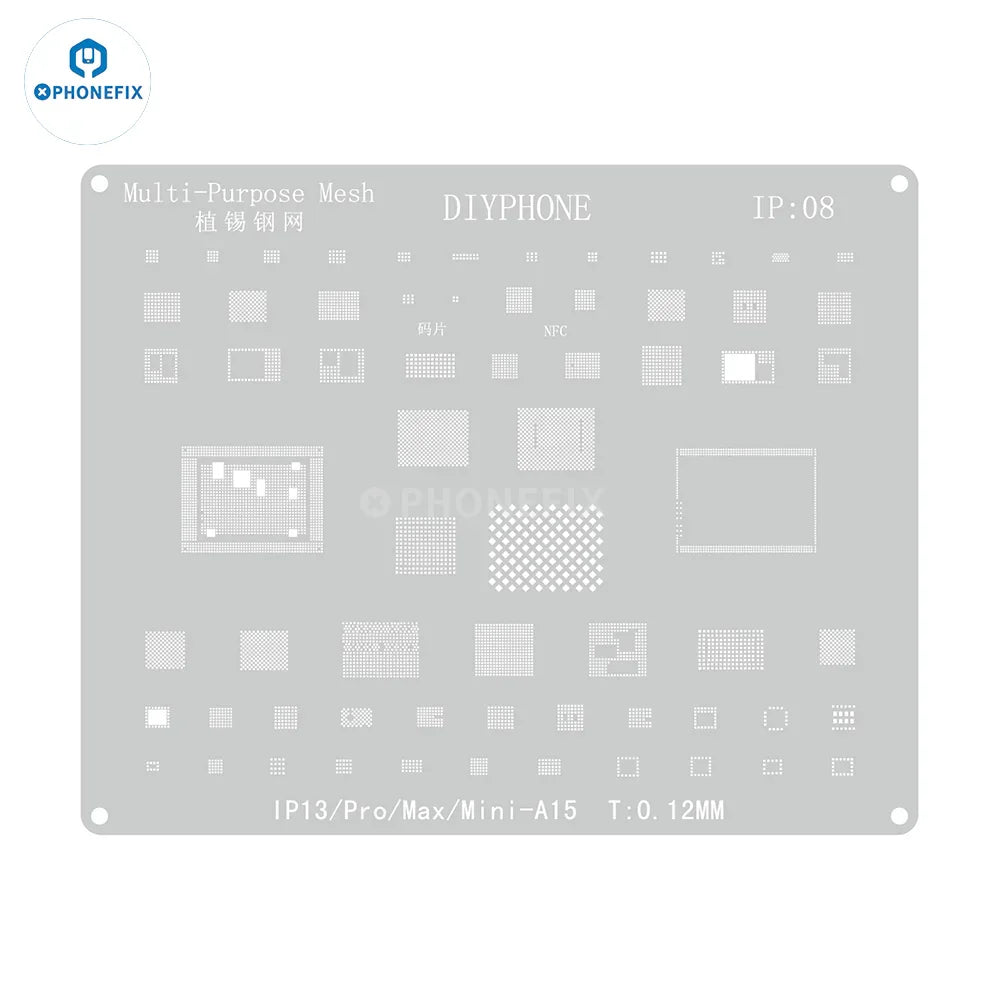 PHONEFIX Amaoe CPU BGA Reballing Stencil kit for iPhone PCB boards, includes precision stencil for reballing process.