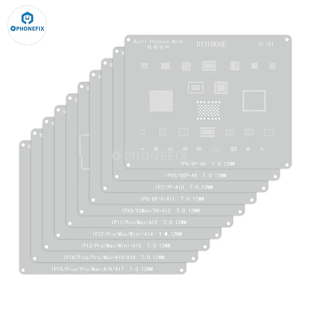 PHONEFIX Amaoe CPU BGA reballing stencil kit for iPhone PCB boards, showing detailed metal stencil with precision openings.