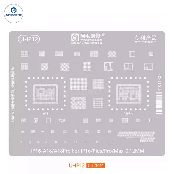 Amaoe BGA reballing stencil kit for iPhone CPU ICs, used for precise reballing on PCB boards, by PHONEFIX.