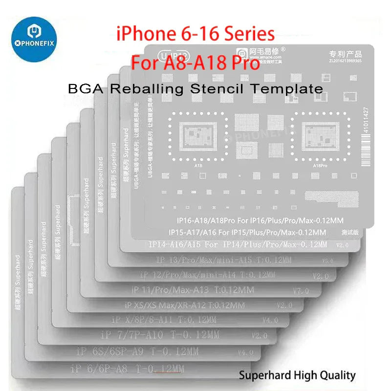 Amaoe BGA reballing stencil kit for iPhone CPU IC rework, featuring precise stencil design for PCB board reballing tasks.