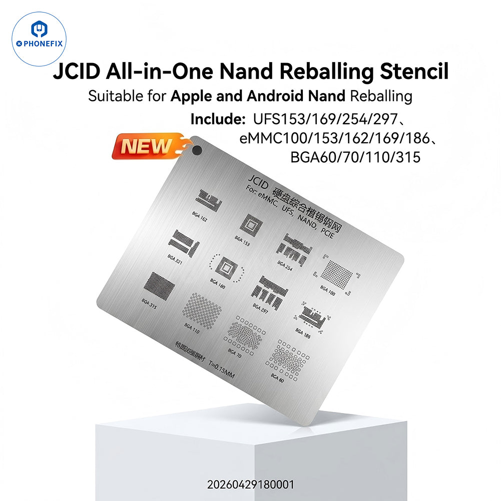JCID BGA60-315 all-in-one eMMC UFS PCIe BGA reballing stencil for electronic device repair, branded by PHONEFIX