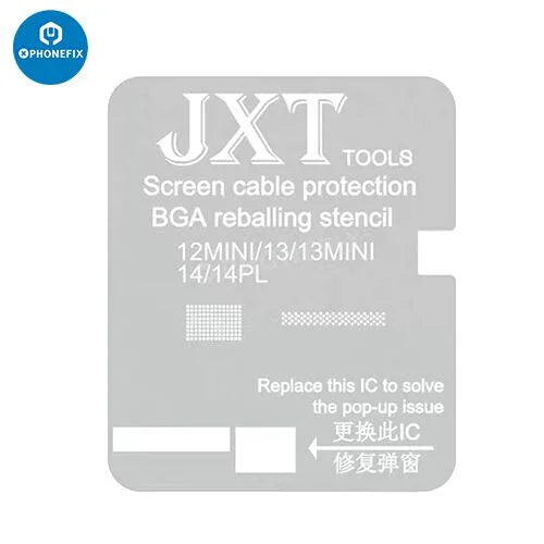 JXT Screen Cable Protection Template for iPhone 11-15 Pro Max, BGA reballing stencil by PHONEFIX, showing detailed print pattern.