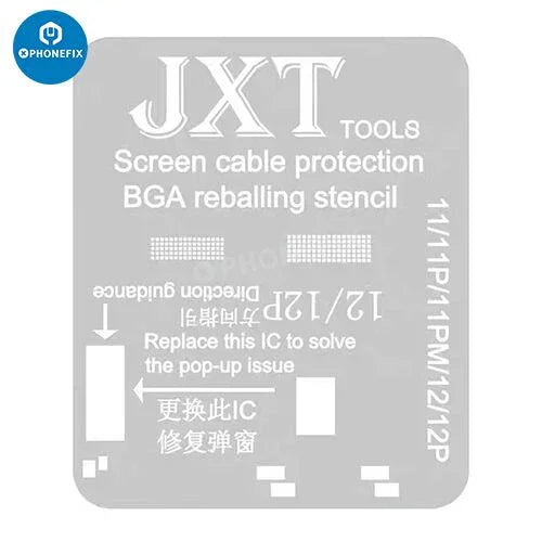 JXT screen cable protection template for iPhone 11-15 Pro Max, BGA reballing stencil by PHONEFIX, showing detailed stencil design.