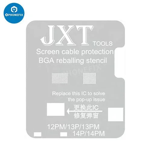 JXT screen cable protection template for iPhone 11-15 Pro Max, BGA reballing stencil, by PHONEFIX, showing precise metal stencil design.