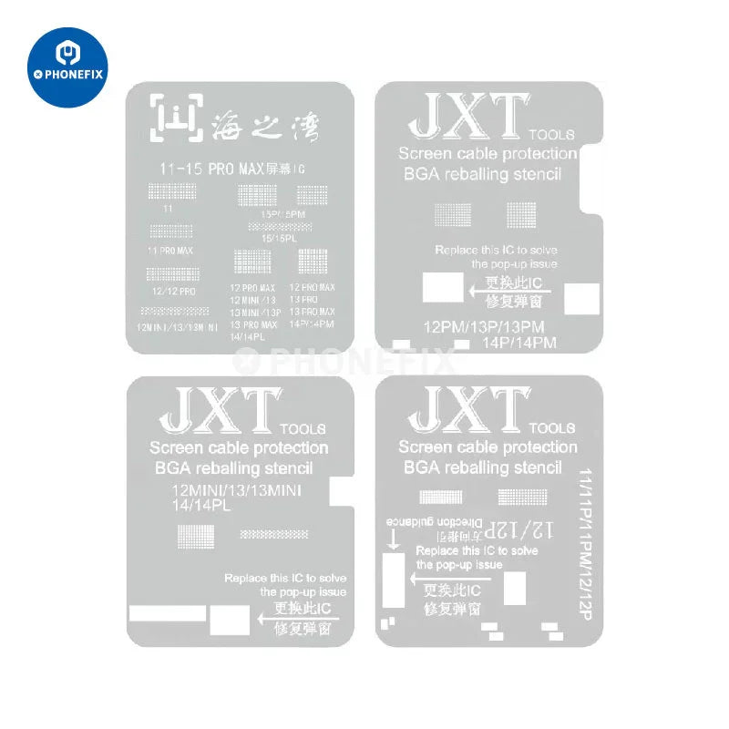 PHONEFIX BGA Reballing stencil for iPhone 11-15 Pro Max screen cable protection templates, showing precise stencil design.